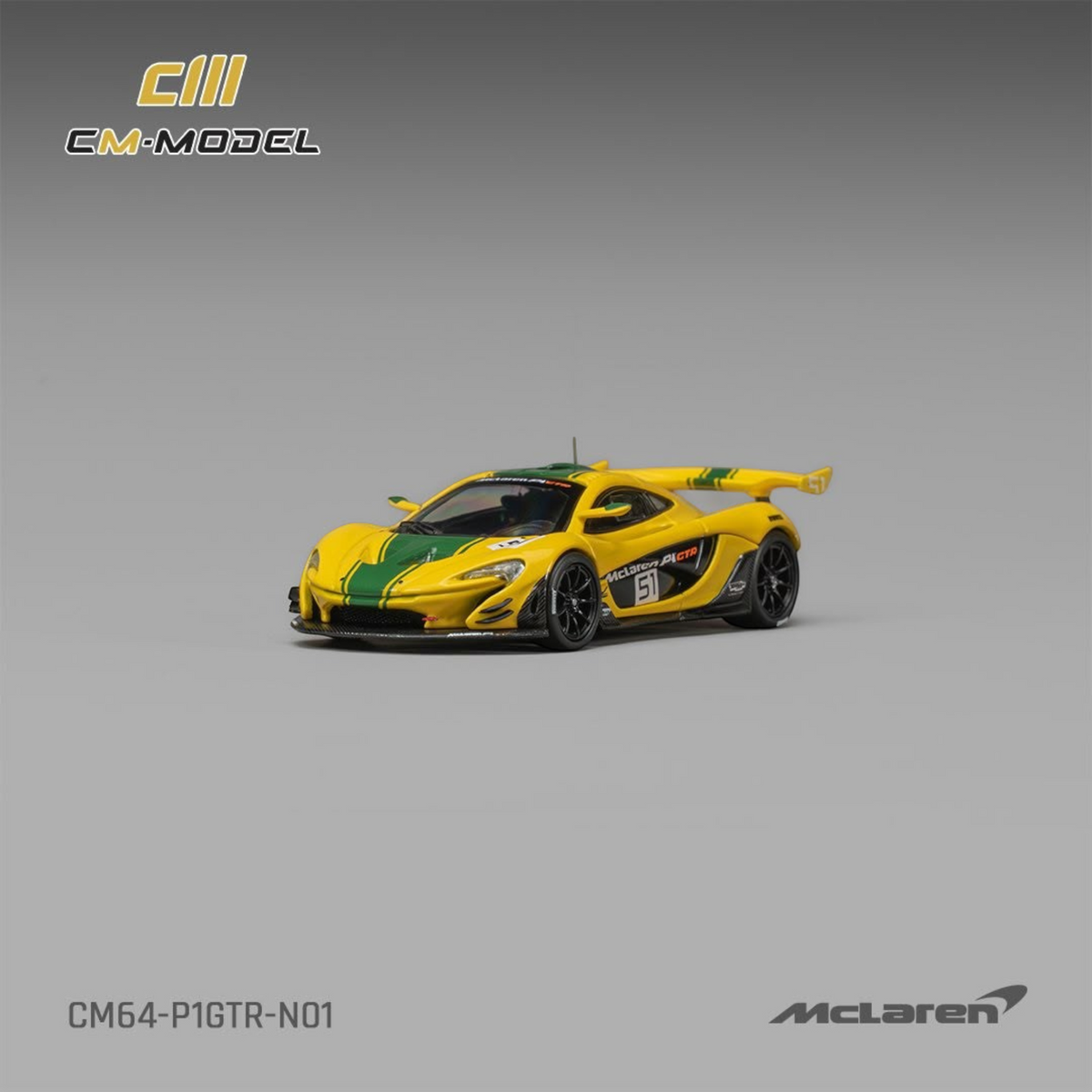Lot57Supplies Diecast Shop 1:64 scale CM Model McLaren P1 GTR in iconic yellow and green Harrods livery