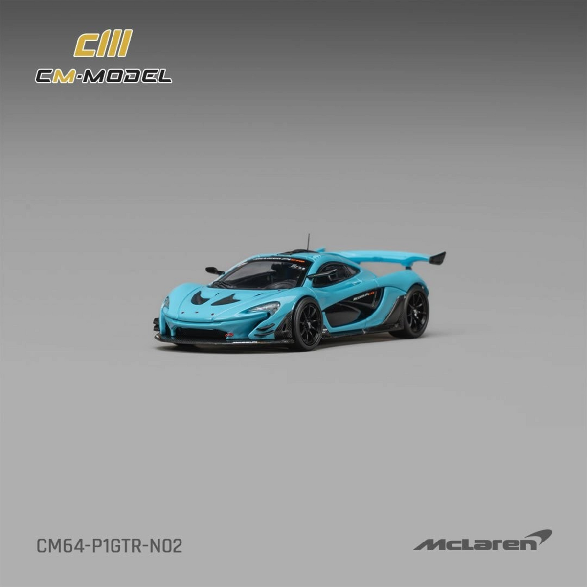 Lot57Supplies Diecast Shop CM Model 1:64 scale McLaren P1 GTR diecast car in metallic iridium blue with black wheels.