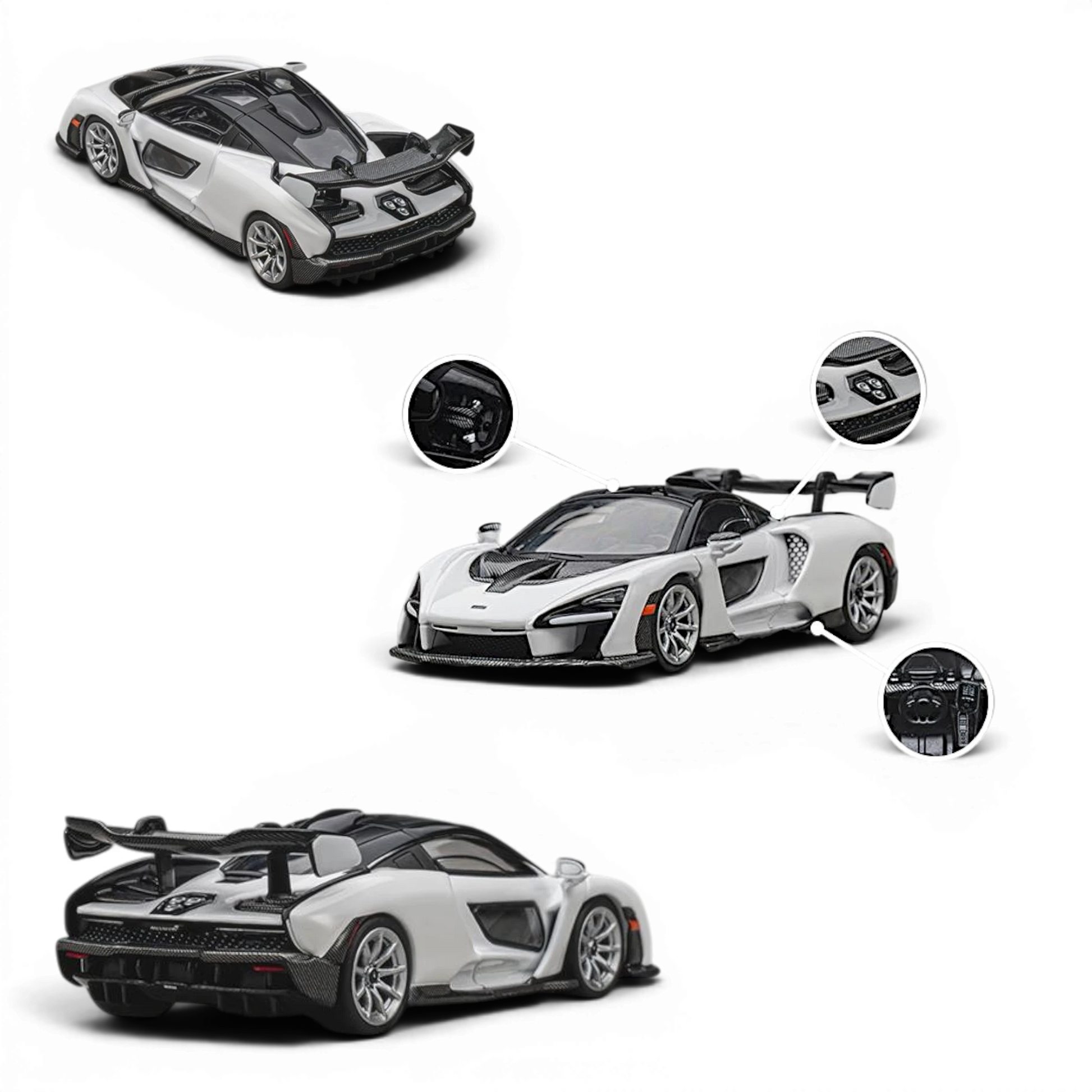 Lot57Supplies Diecast Shop CM Model 1:64 scale McLaren Senna in Silica White with detailed carbon fiber accents.