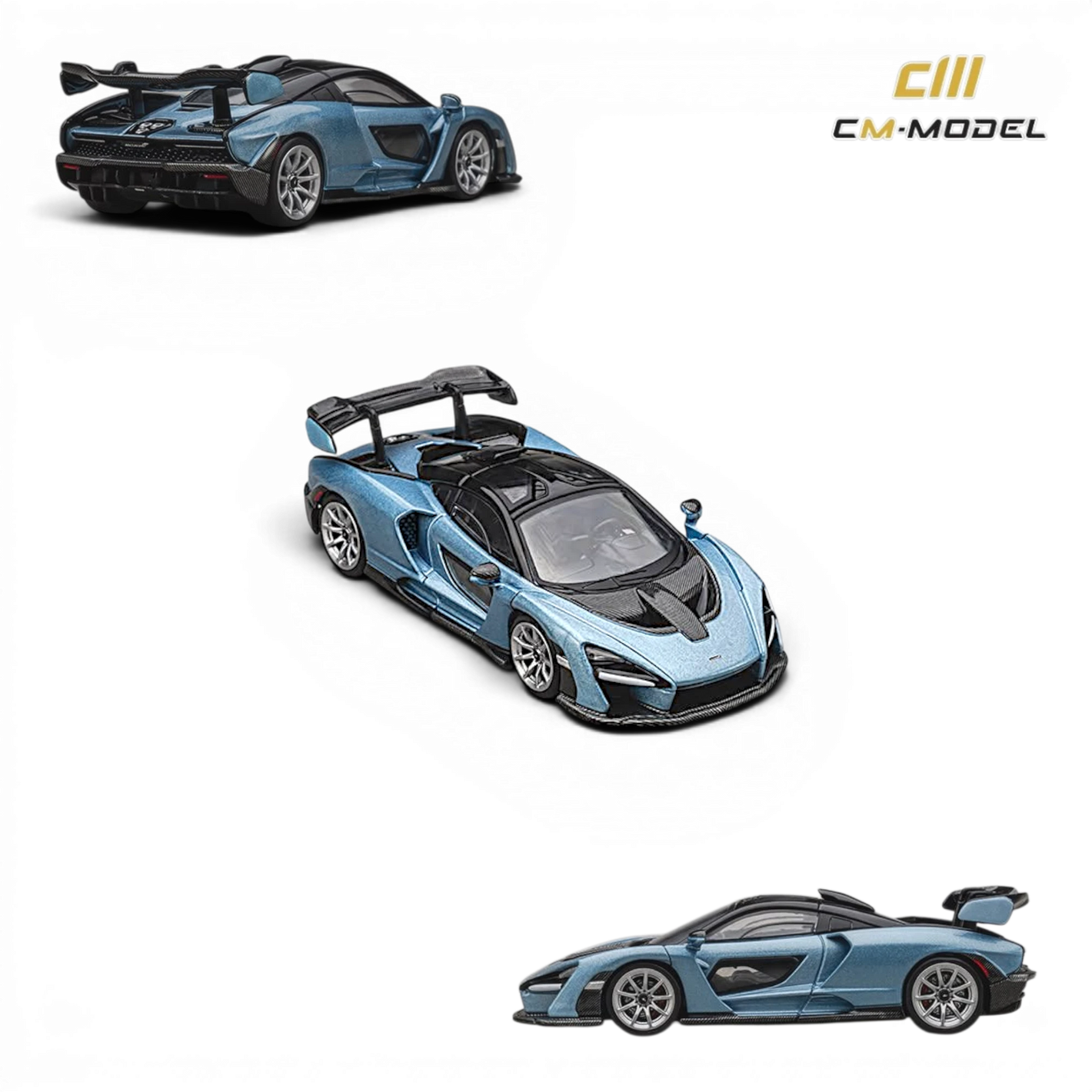 Lot57Supplies Diecast Shop CM Model 1:64 scale McLaren Senna diecast car in metallic ice blue with black accents.