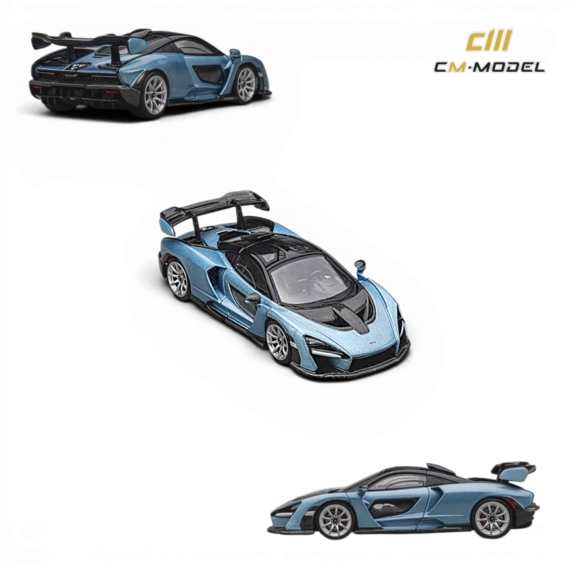 Lot57Supplies Diecast Shop CM Model 1:64 scale McLaren Senna diecast car in metallic ice blue with black accents.