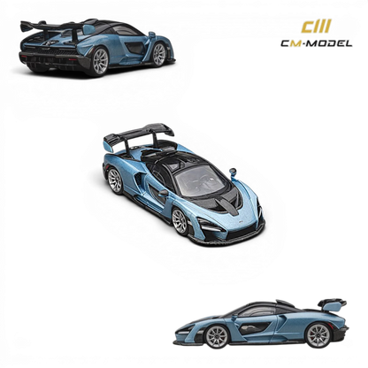 Lot57Supplies Diecast Shop CM Model 1:64 scale McLaren Senna diecast car in metallic ice blue with black accents.