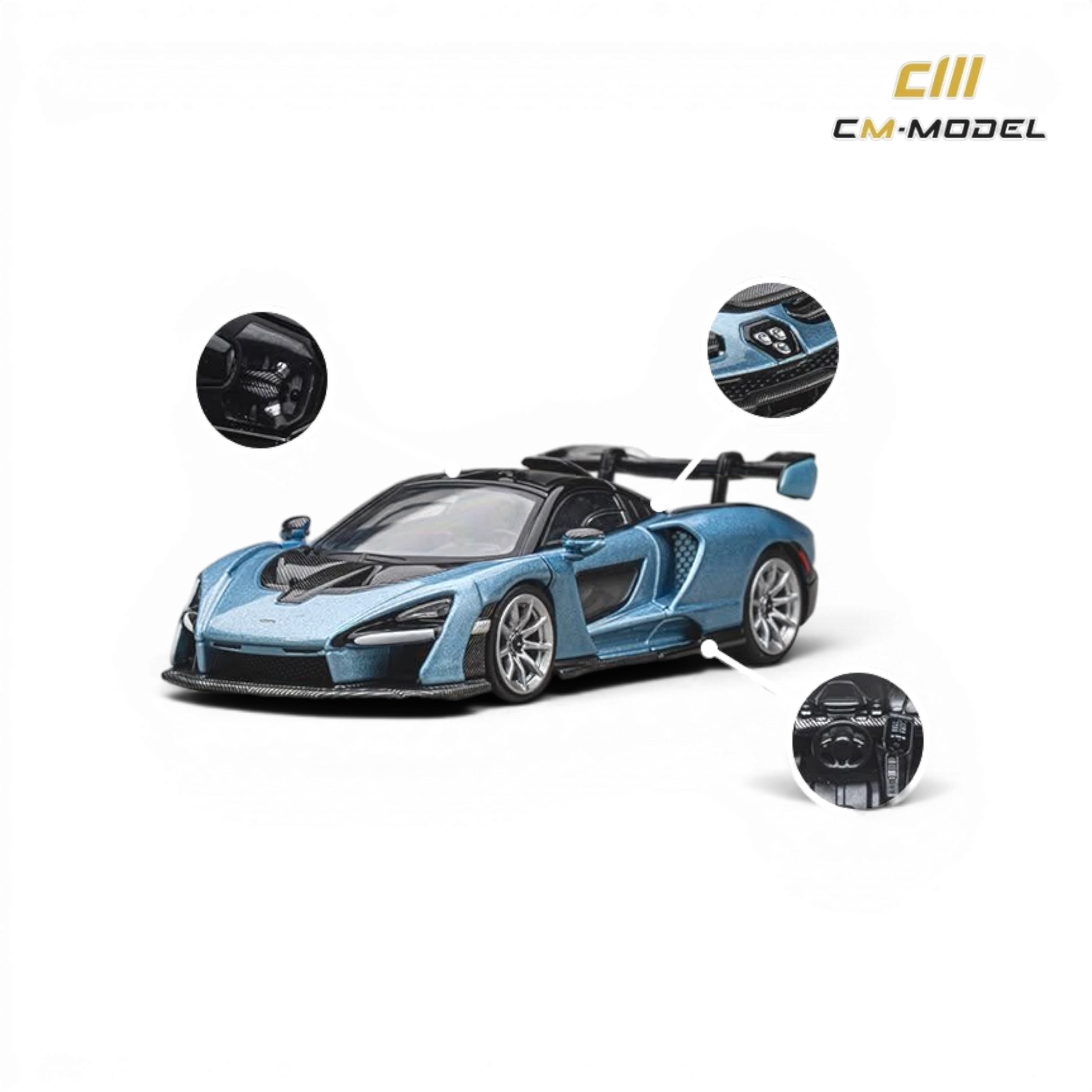 Lot57Supplies Diecast Shop CM Model 1:64 scale McLaren Senna diecast car in ice blue with detailed interior features