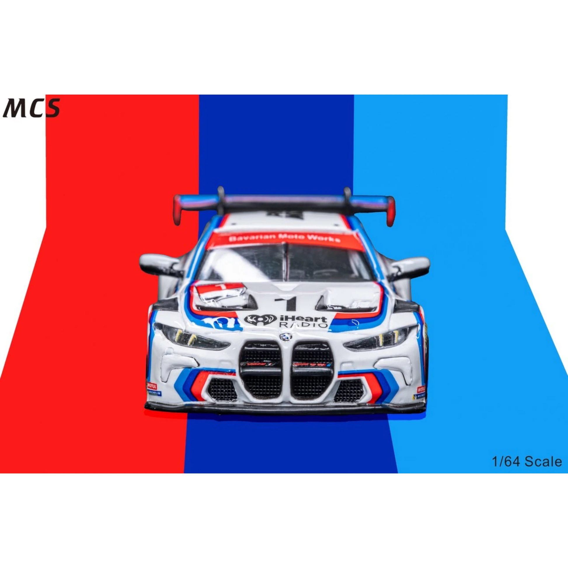 Lot57Supplies Diecast Shop MCS M4 GT3 diecast model car in IMSA retro BMW CSL tribute livery, front view.