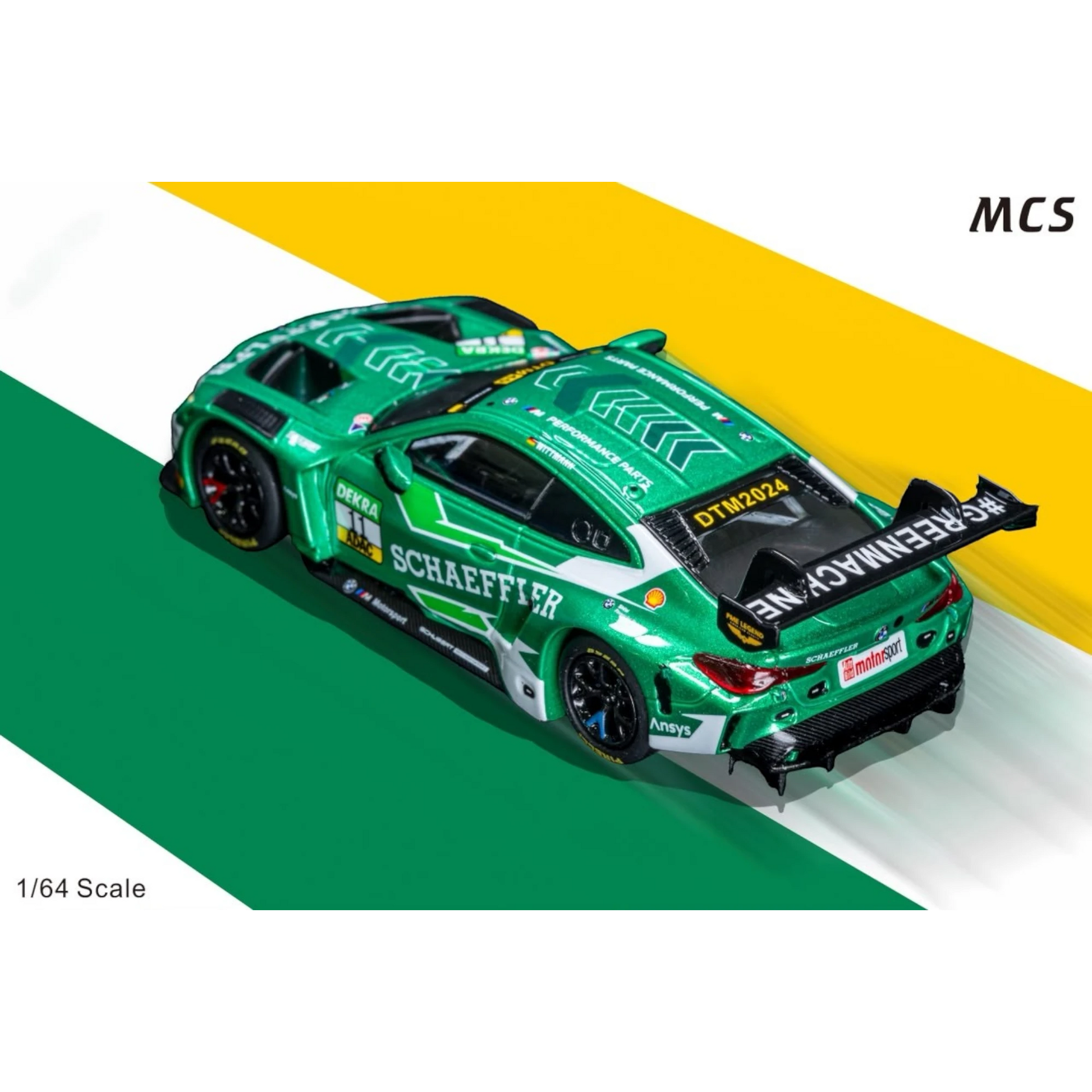 Lot57Supplies Diecast Shop 1:64 scale MCS M4 GT3 diecast model car in green Schaeffler DTM 2024 racing livery