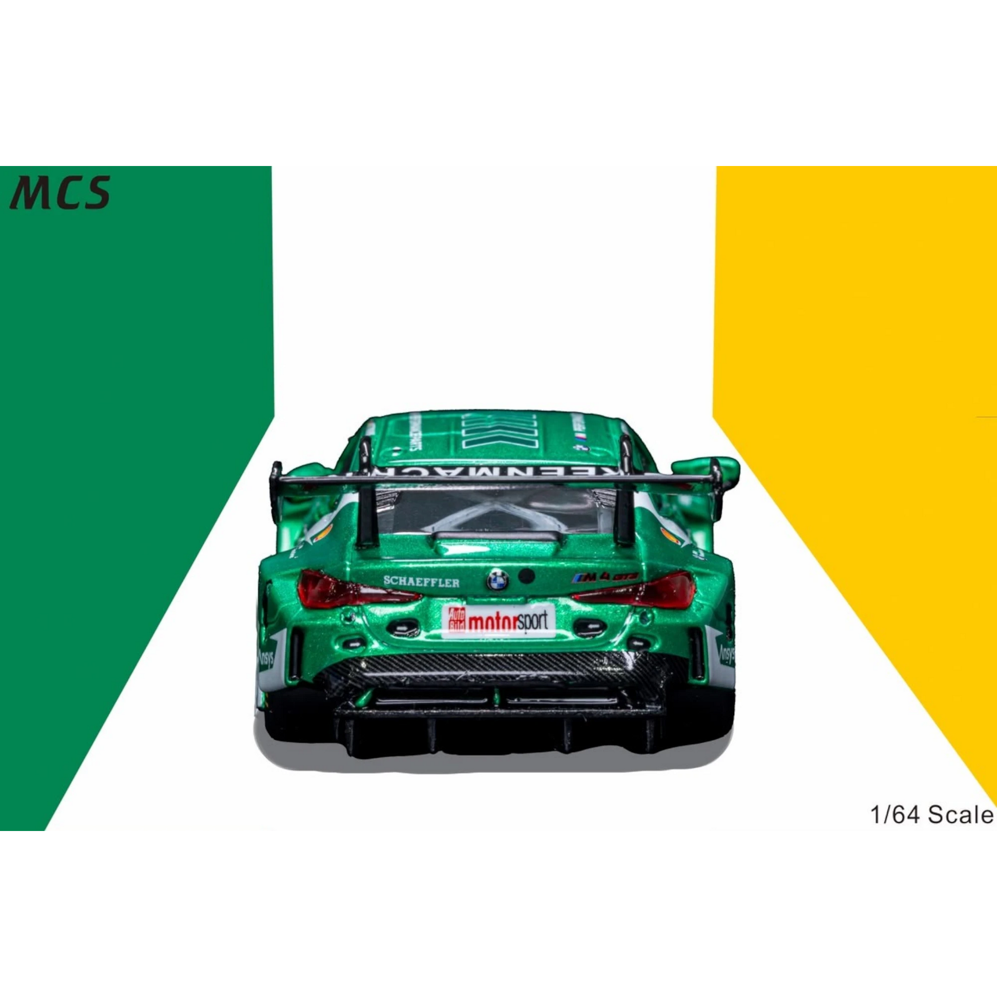 Lot57Supplies Diecast Shop MCS M4 GT3 diecast model car in green Schaeffler livery, rear view, 1:64 scale
