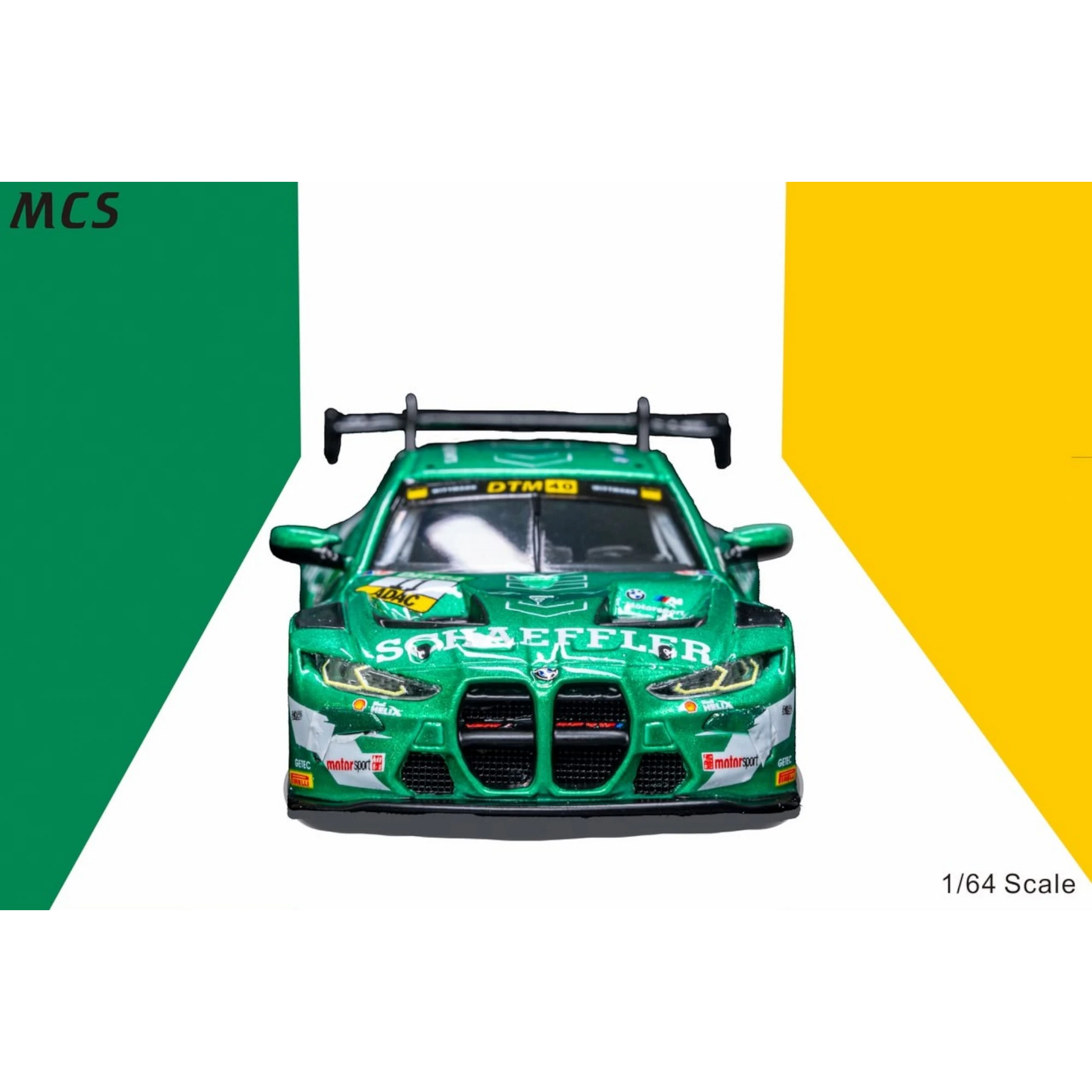 Lot57Supplies Diecast Shop MCS M4 GT3 diecast model car in green Schaeffler livery, 1:64 scale, front view.