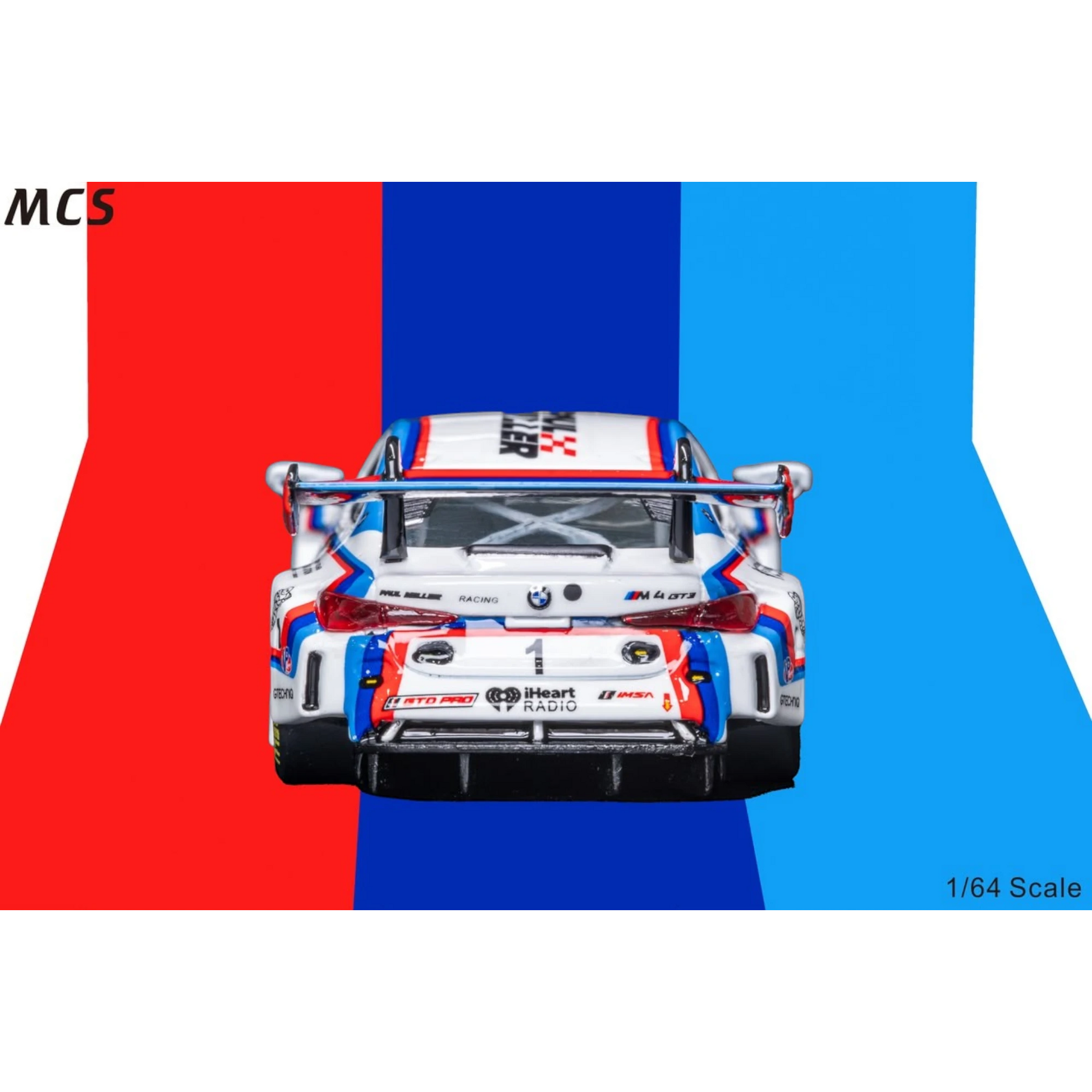 Lot57Supplies Diecast Shop MCS M4 GT3 diecast car in retro BMW CSL tribute livery, rear view of 1:64 scale model.