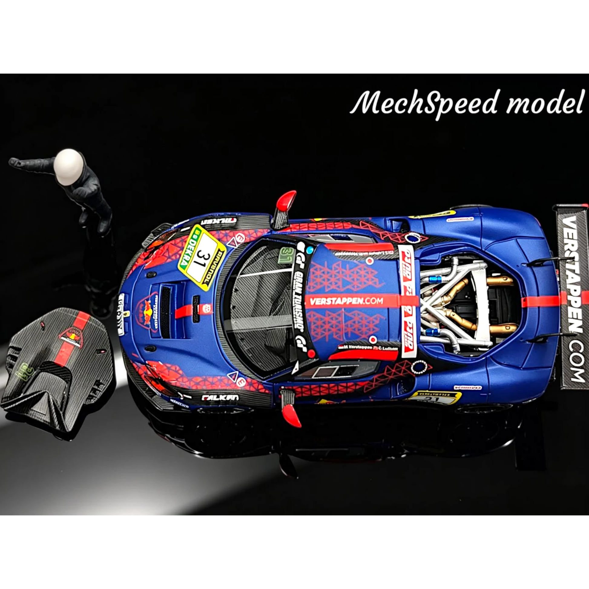 Lot57Supplies Diecast Shop MechSpeed 296GT3 resin model car in Red Bull 31 livery with driver figure, 1:64 scale