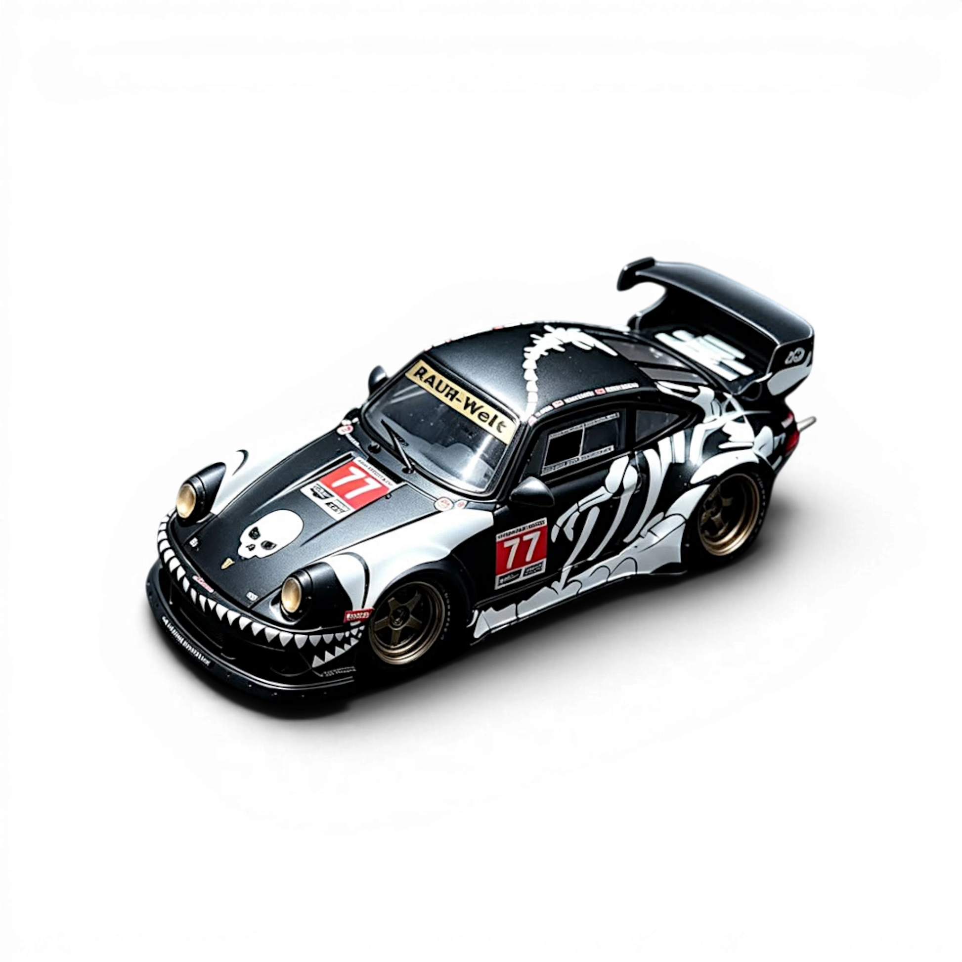 Lot57Supplies Diecast Shop Mechspeed RWB930GT 1:64 scale diecast car in matte black with bone dragon graphics.
