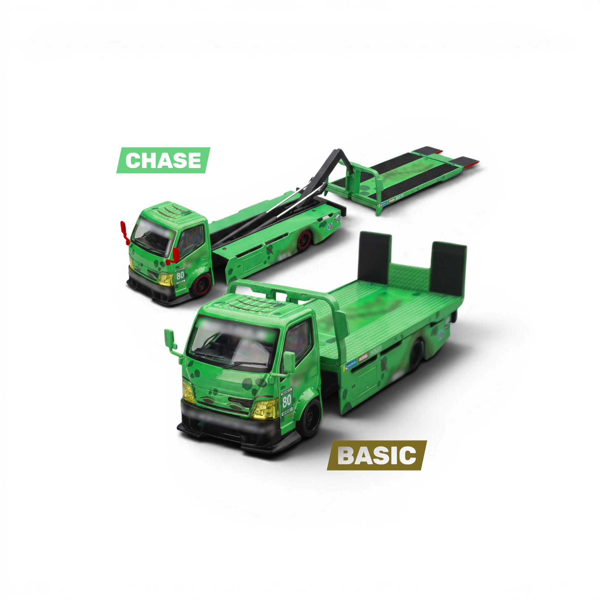 Lot57Supplies Diecast Shop Mega Gear Custom Hauler 1:64 scale diecast truck in green dinosaur theme with flatbed.