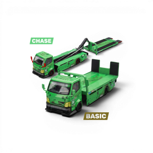 Lot57Supplies Diecast Shop Mega Gear Custom Hauler 1:64 scale diecast truck in green dinosaur theme with flatbed.