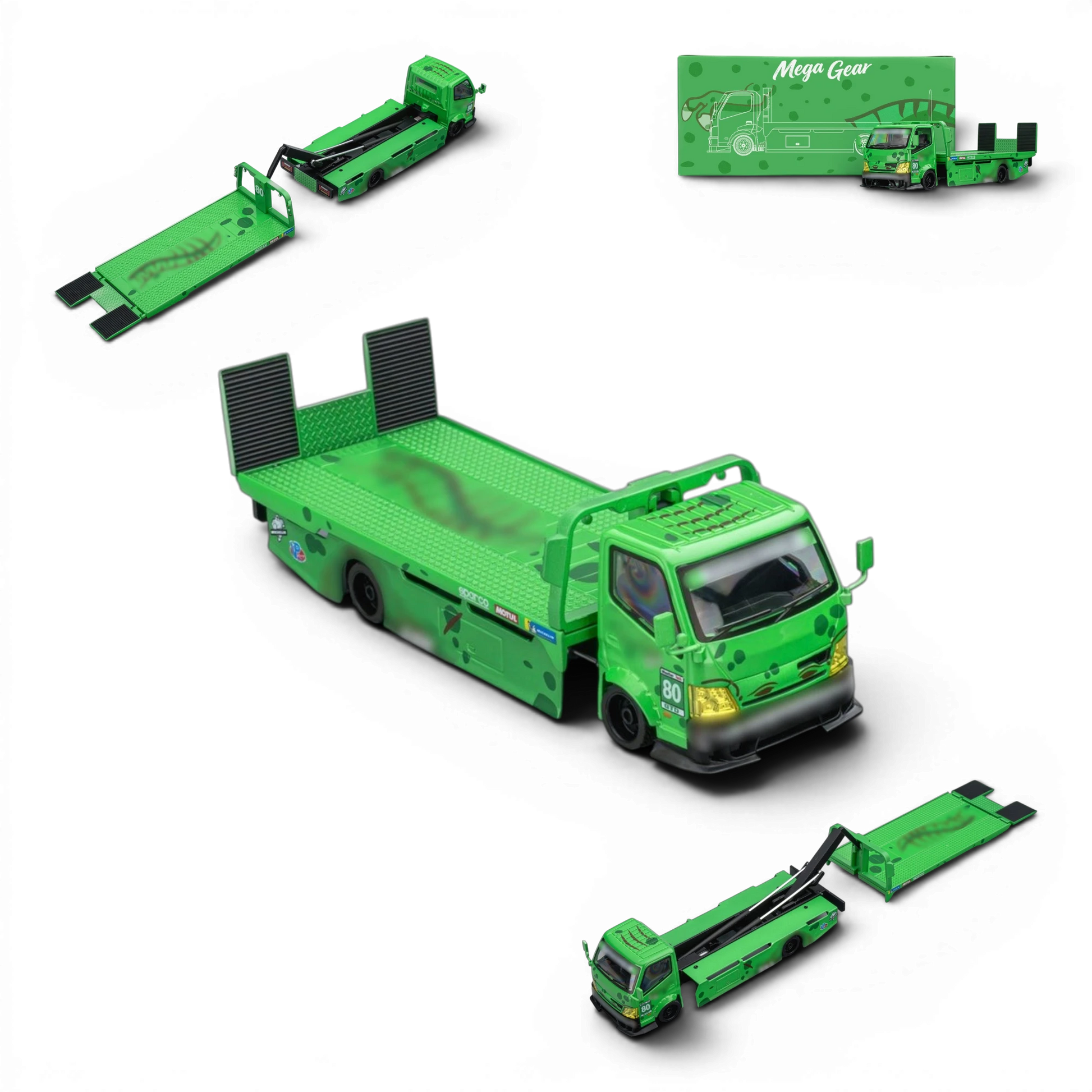Lot57Supplies Diecast Shop Mega Gear Custom Hauler 1:64 scale diecast truck in green dinosaur theme with ramp.