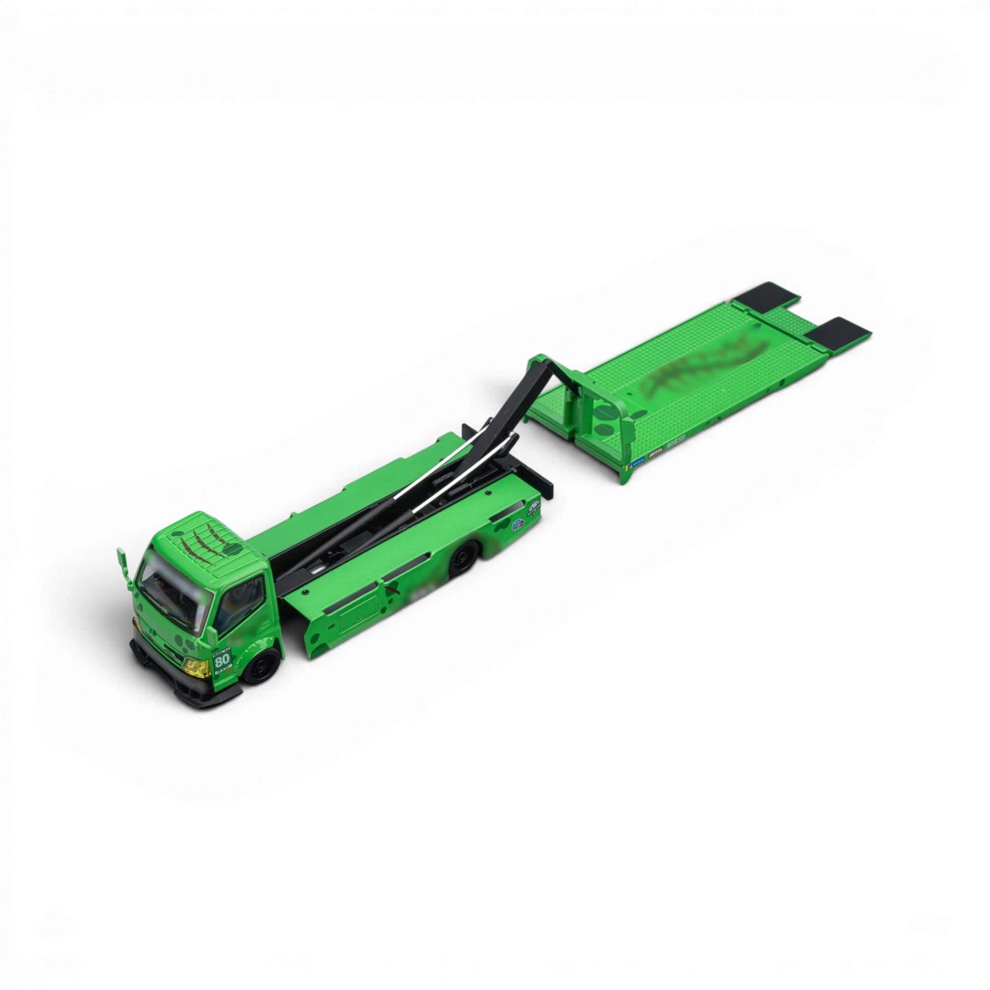 Lot57Supplies Diecast Shop Mega Gear Custom Hauler in green dino theme, 1:64 scale diecast flatbed tow truck model.