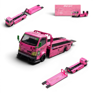 Lot57Supplies Diecast Shop Mega Gear Custom Hauler in pink dino theme, 1:64 scale diecast toy truck with ramp.