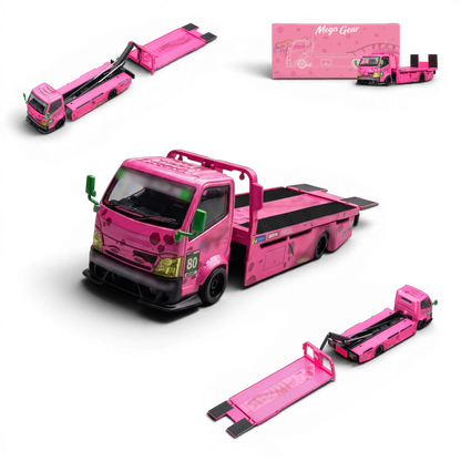 Lot57Supplies Diecast Shop Mega Gear Custom Hauler in pink dino theme, 1:64 scale diecast toy truck with ramp.