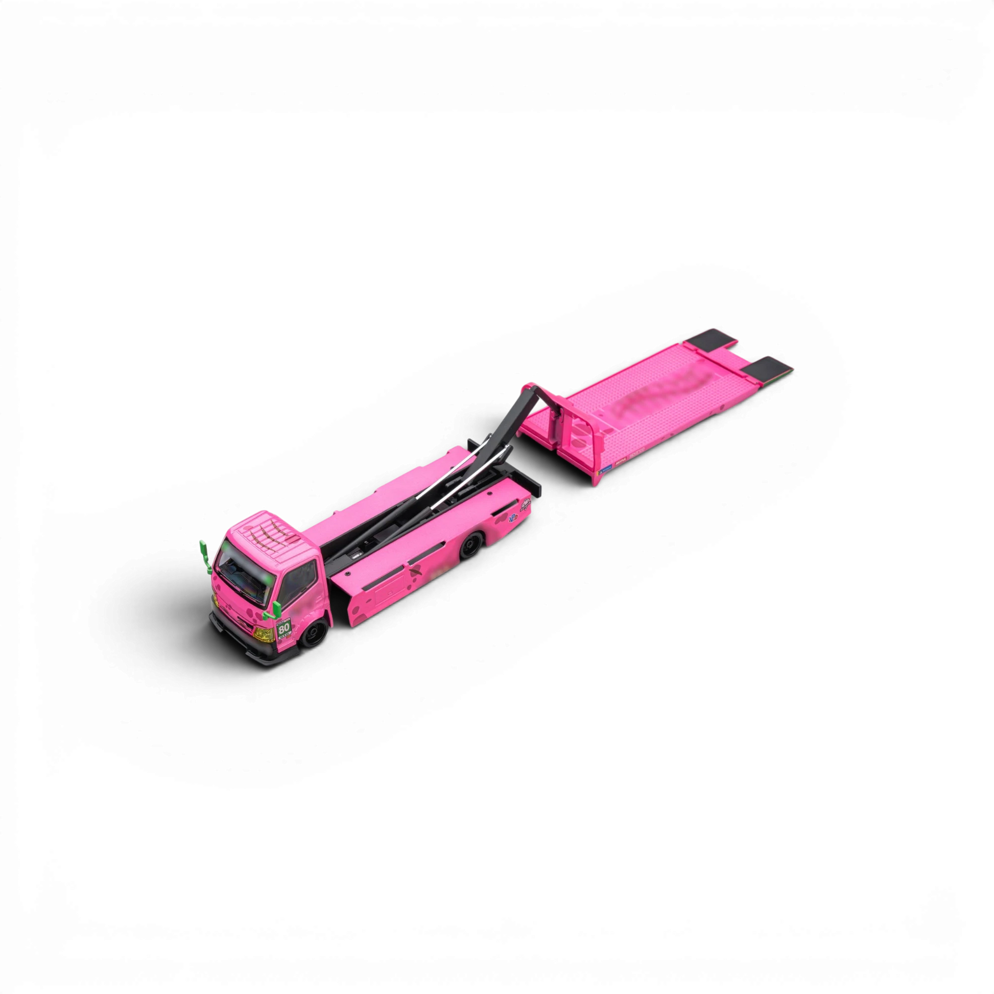 Lot57Supplies Diecast Shop Mega Gear Custom Hauler in pink dino theme, 1:64 scale diecast toy truck with flatbed trailer