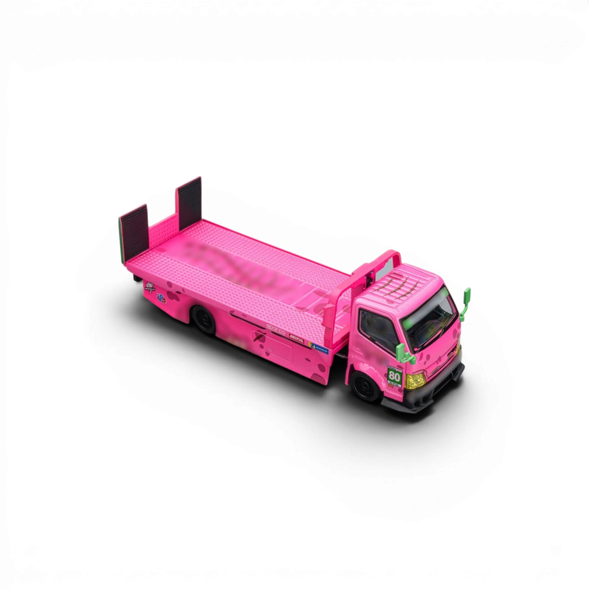 Lot57Supplies Diecast Shop Mega Gear Custom Hauler 1:64 scale diecast truck in pink dino theme with racing decals.