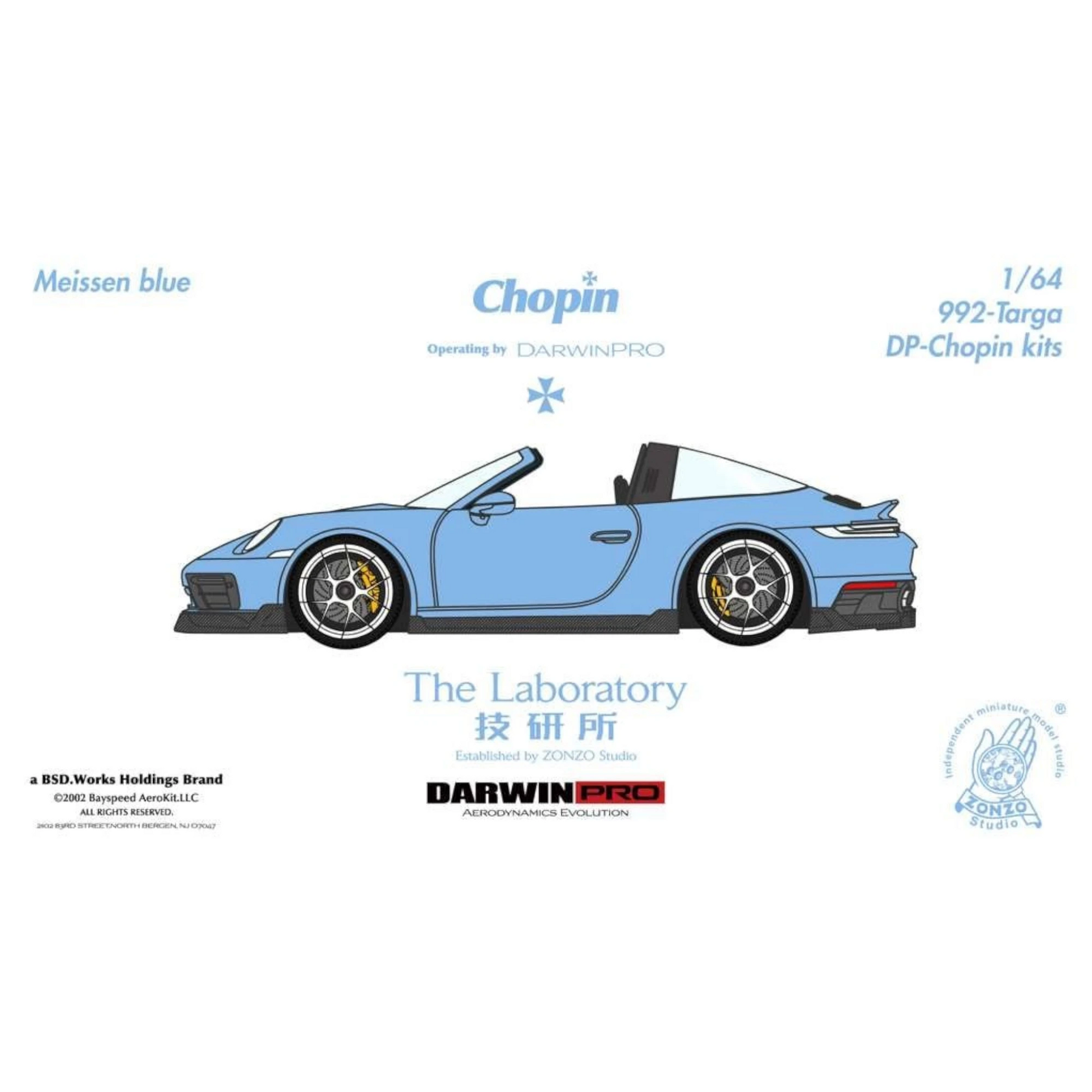 Lot57Supplies Diecast Shop: The Laboratory x DarwinPRO 1:64 scale Meissen Blue Porsche 911 (992) Targa Chopin Kit resin model.
