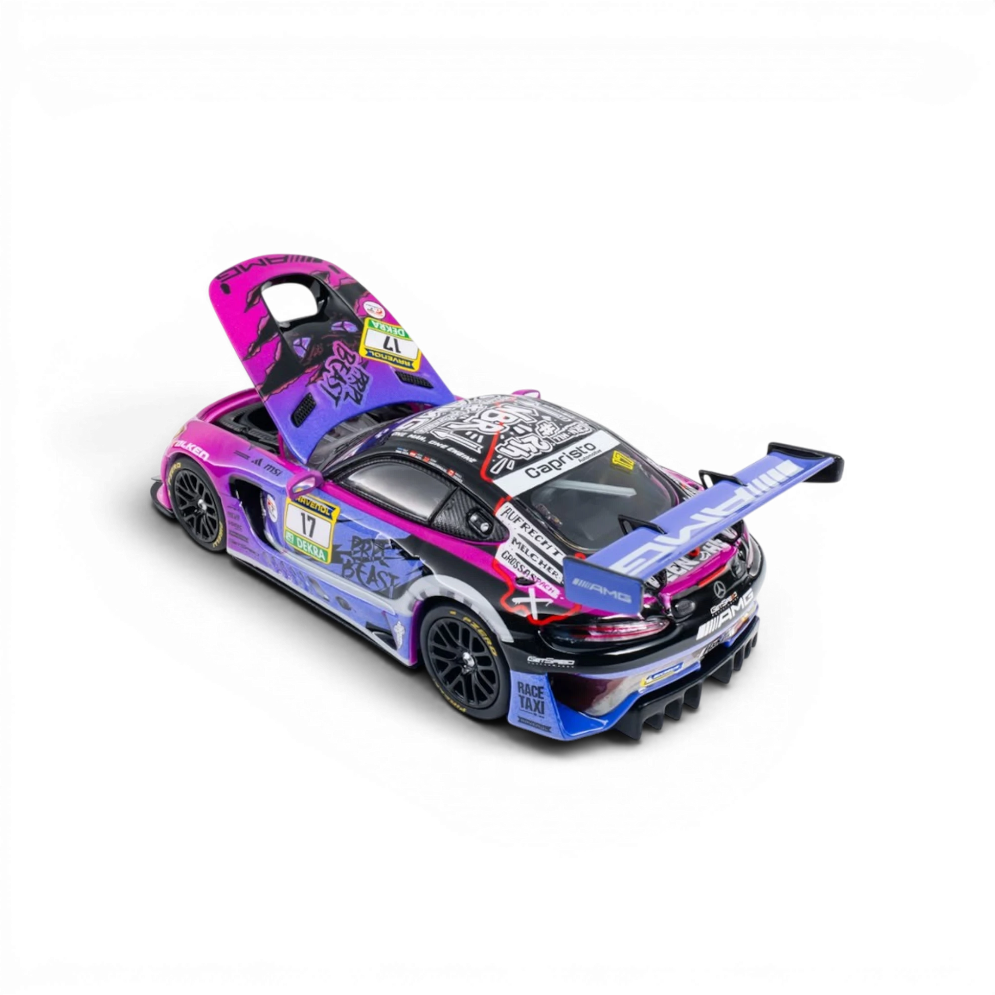 Lot57Supplies Diecast Shop 1:64 scale KILO Mercedes-AMG GT GT3 race car with open hood and purple and black livery
