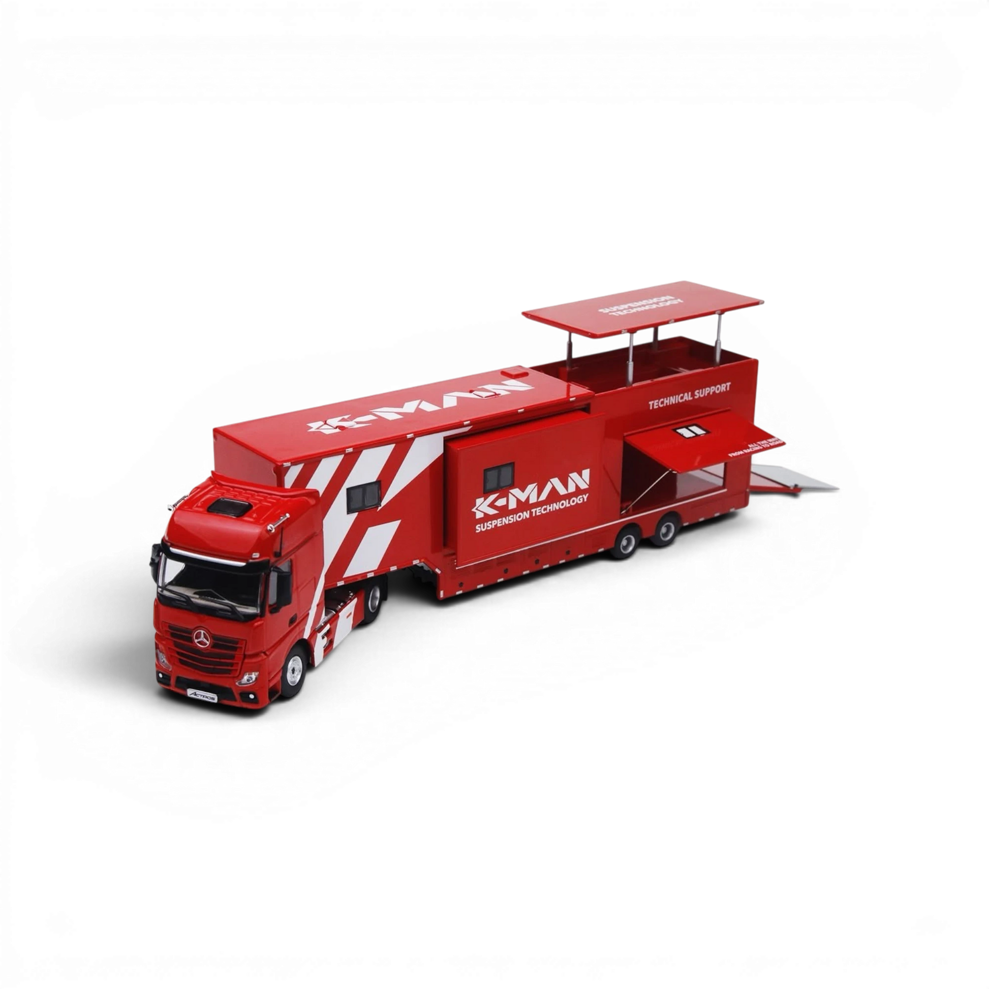 Lot57Supplies Diecast Shop 1:64 scale red Mercedes-Benz Actros K-MAN race support truck model with open trailer roof