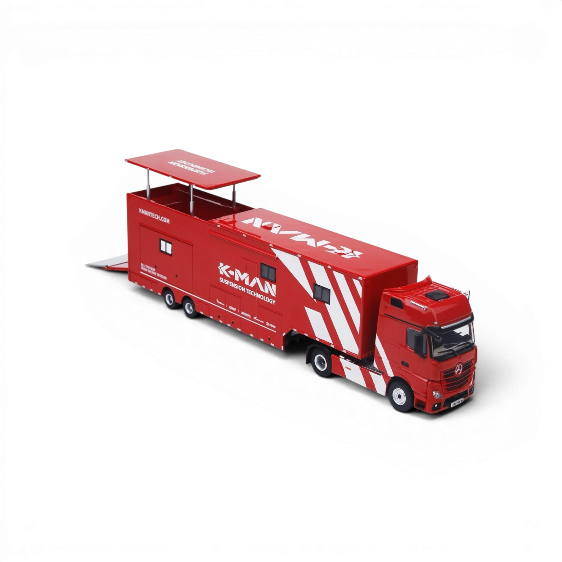 Lot57Supplies Diecast Shop 1:64 scale red Mercedes-Benz Actros K-MAN race support truck model with pop-up roof