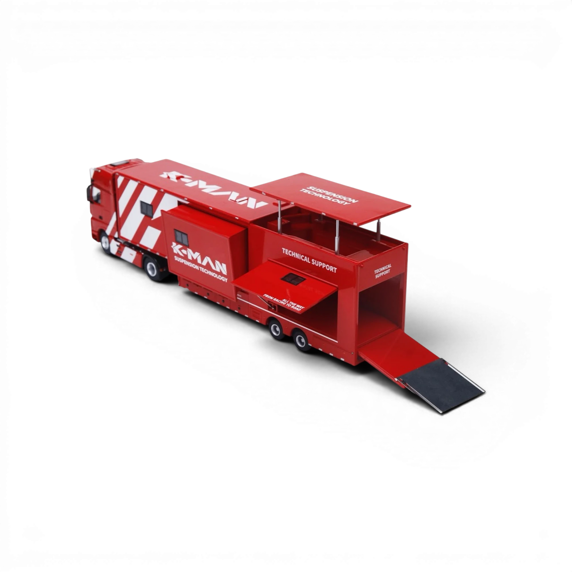 Lot57Supplies Diecast Shop 1:64 scale red Mercedes-Benz Actros K-MAN race support truck with open trailer ramp