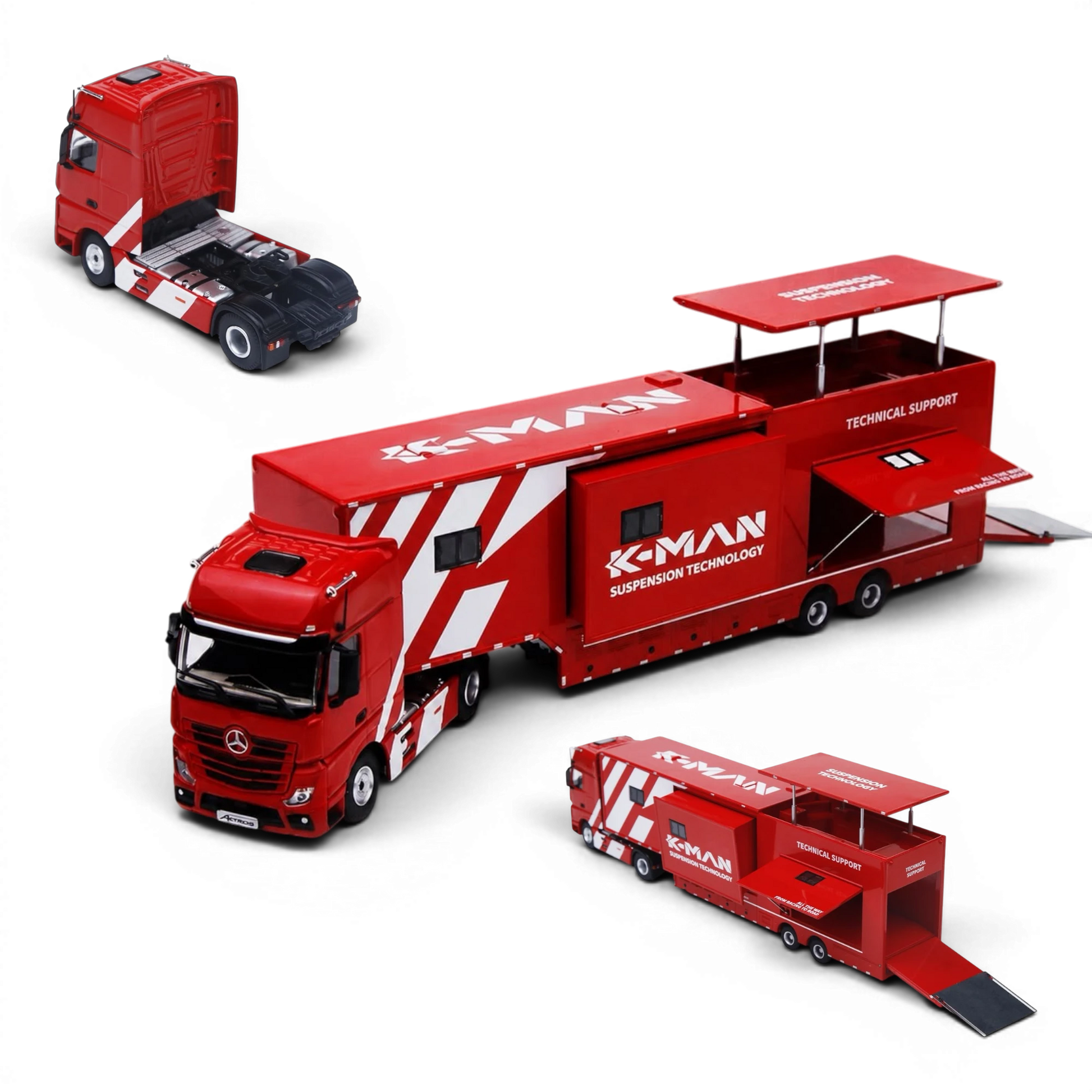 Lot57Supplies Diecast Shop 1:64 scale Mercedes-Benz Actros K-MAN race support truck model in red diecast metal.