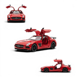 Lot57Supplies Diecast Shop red 1:64 scale Mercedes-Benz SLS AMG BS diecast model with gullwing doors open.