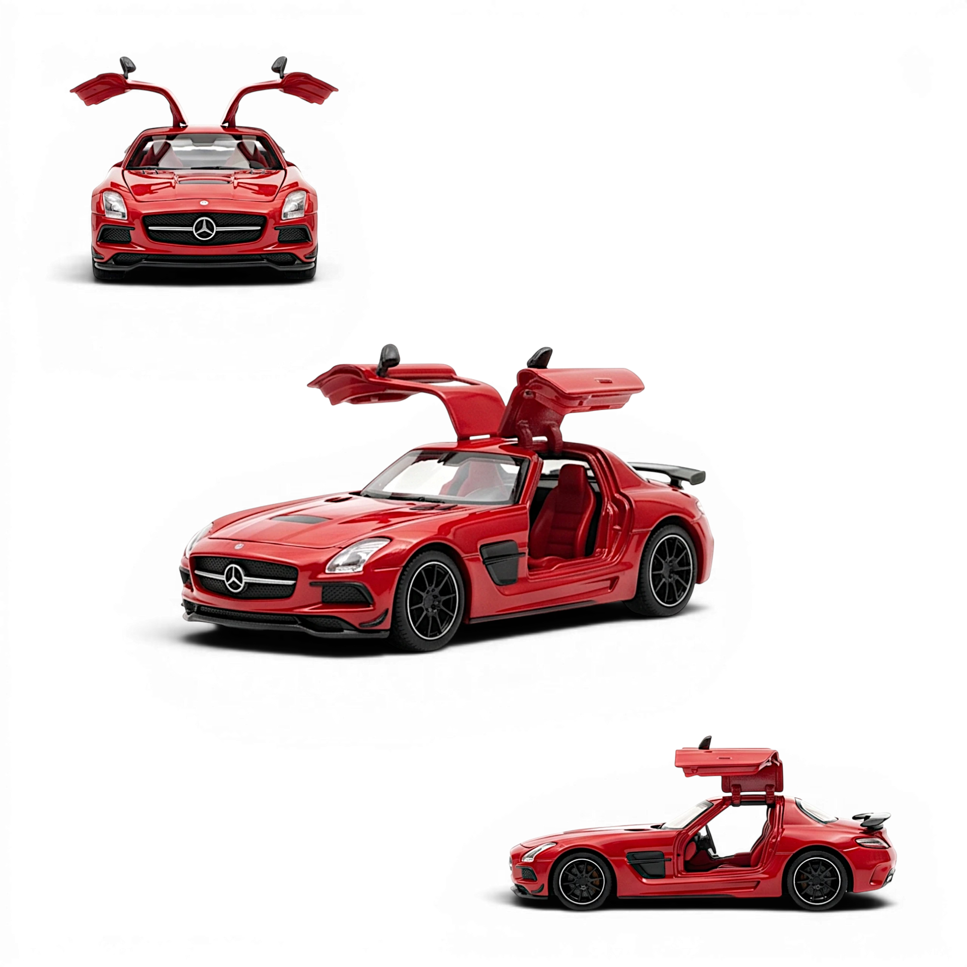 Lot57Supplies Diecast Shop red 1:64 scale Mercedes-Benz SLS AMG BS diecast model with gullwing doors open.