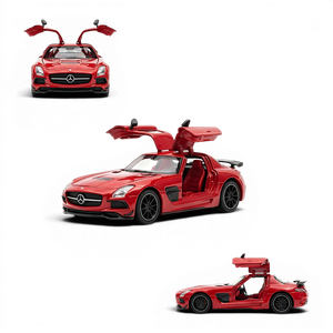 Lot57Supplies Diecast Shop red 1:64 scale Mercedes-Benz SLS AMG BS diecast model with gullwing doors open.