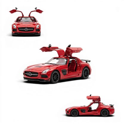 Lot57Supplies Diecast Shop red 1:64 scale Mercedes-Benz SLS AMG BS diecast model with gullwing doors open.