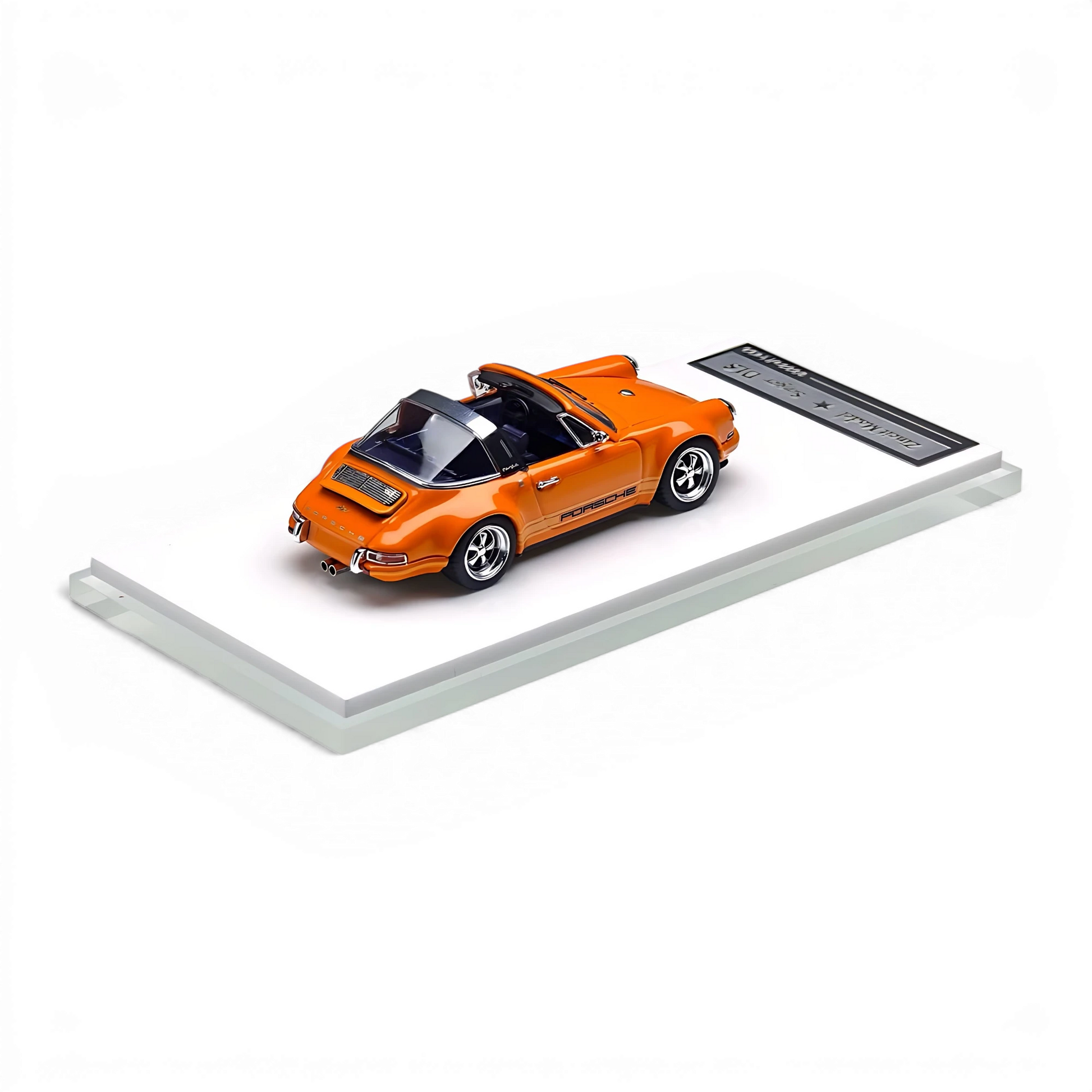 Lot57Supplies Diecast Shop 1:64 scale Zincit Model metallic racing orange Singer Targa diecast car on display base