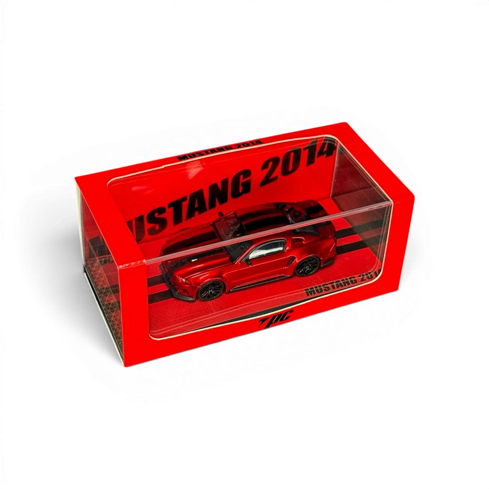 Lot57Supplies Diecast Shop TPC 1:64 scale metallic red 2014 Mustang diecast car with black stripes in display box