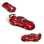 Lot57Supplies Diecast Shop SW RWB 993 metallic red diecast model car in 1:64 scale with Supreme branding and gold wheels.