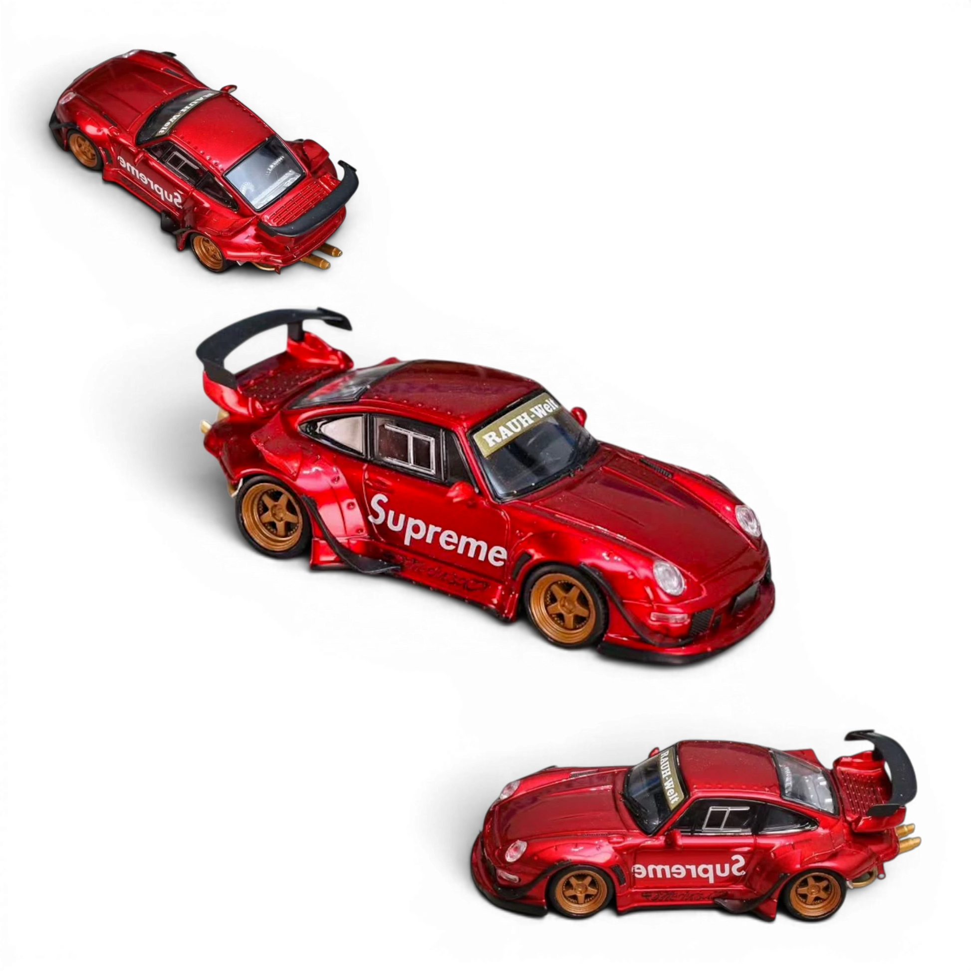 Lot57Supplies Diecast Shop SW RWB 993 metallic red diecast model car in 1:64 scale with Supreme branding and gold wheels.