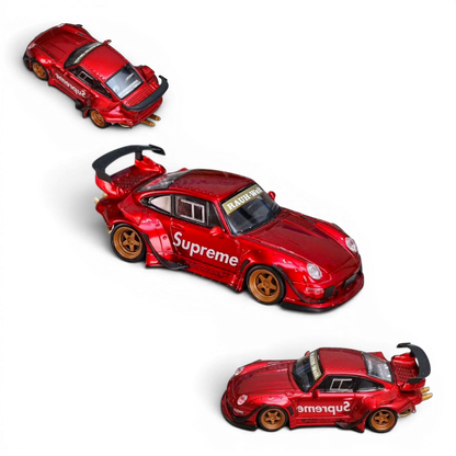 Lot57Supplies Diecast Shop SW RWB 993 metallic red diecast model car in 1:64 scale with Supreme branding and gold wheels.