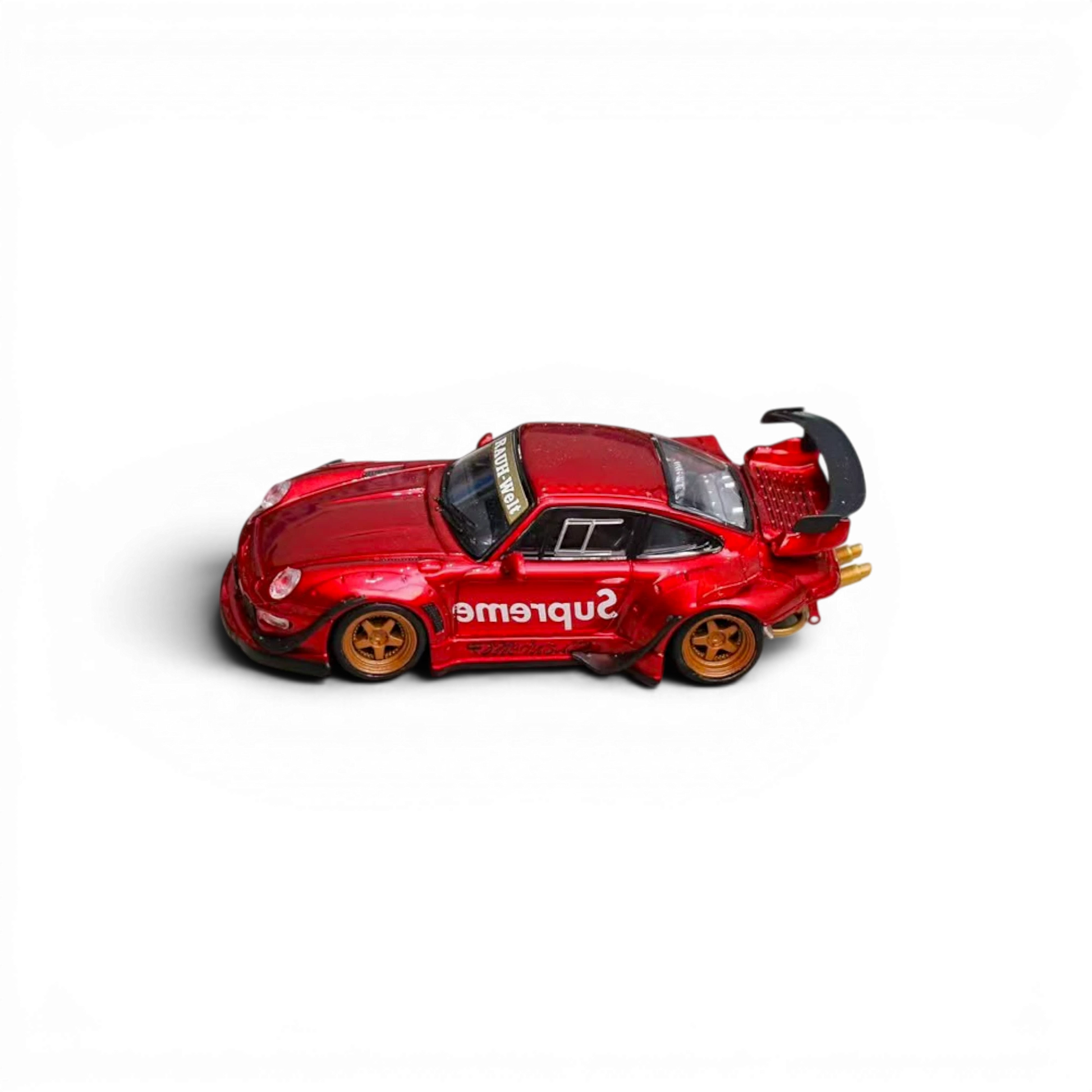 Lot57Supplies Diecast Shop metallic red RWB 993 diecast model car with low tail spoiler and gold wheels