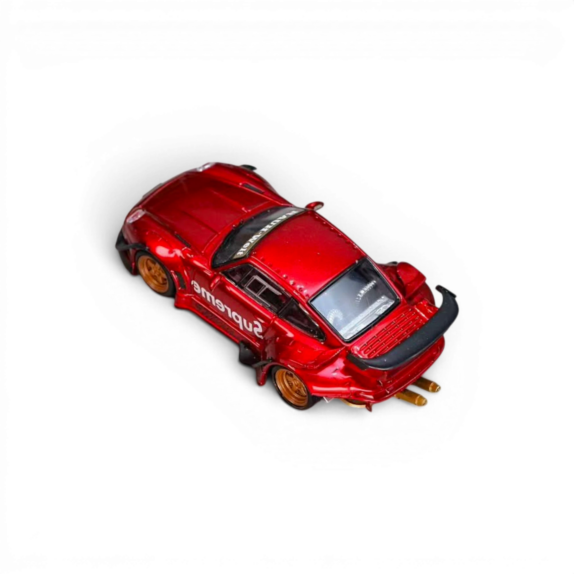 Lot57Supplies Diecast Shop SW RWB 993 metallic red diecast model car with low tail and gold wheels in 1:64 scale