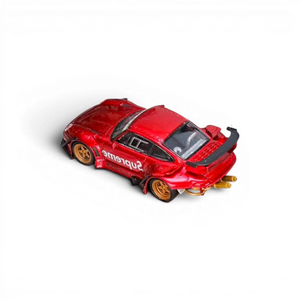 Lot57Supplies Diecast Shop SW RWB 993 diecast car in metallic red with gold wheels and low tail spoiler, 1:64 scale.