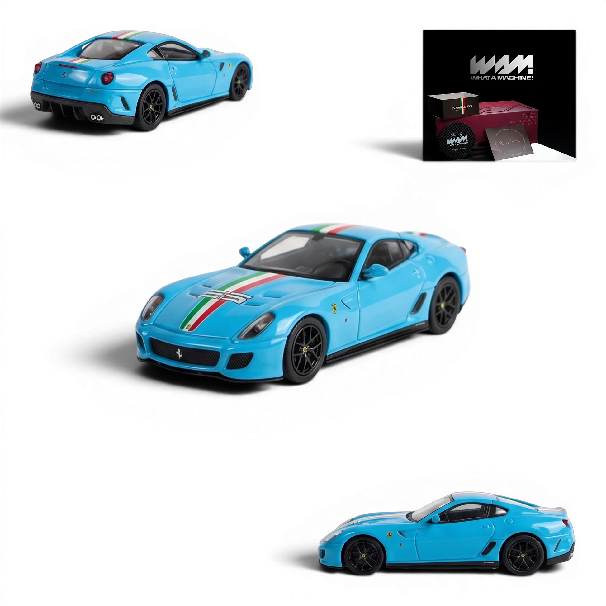 Lot57Supplies Diecast Shop Strive Glow x Wam 1:64 scale Miami Blue 599GTO resin model car with Italian flag livery.