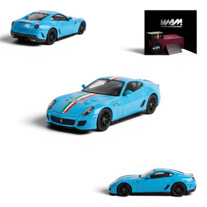 Lot57Supplies Diecast Shop Strive Glow x Wam 1:64 scale Miami Blue 599GTO resin model car with Italian flag livery.