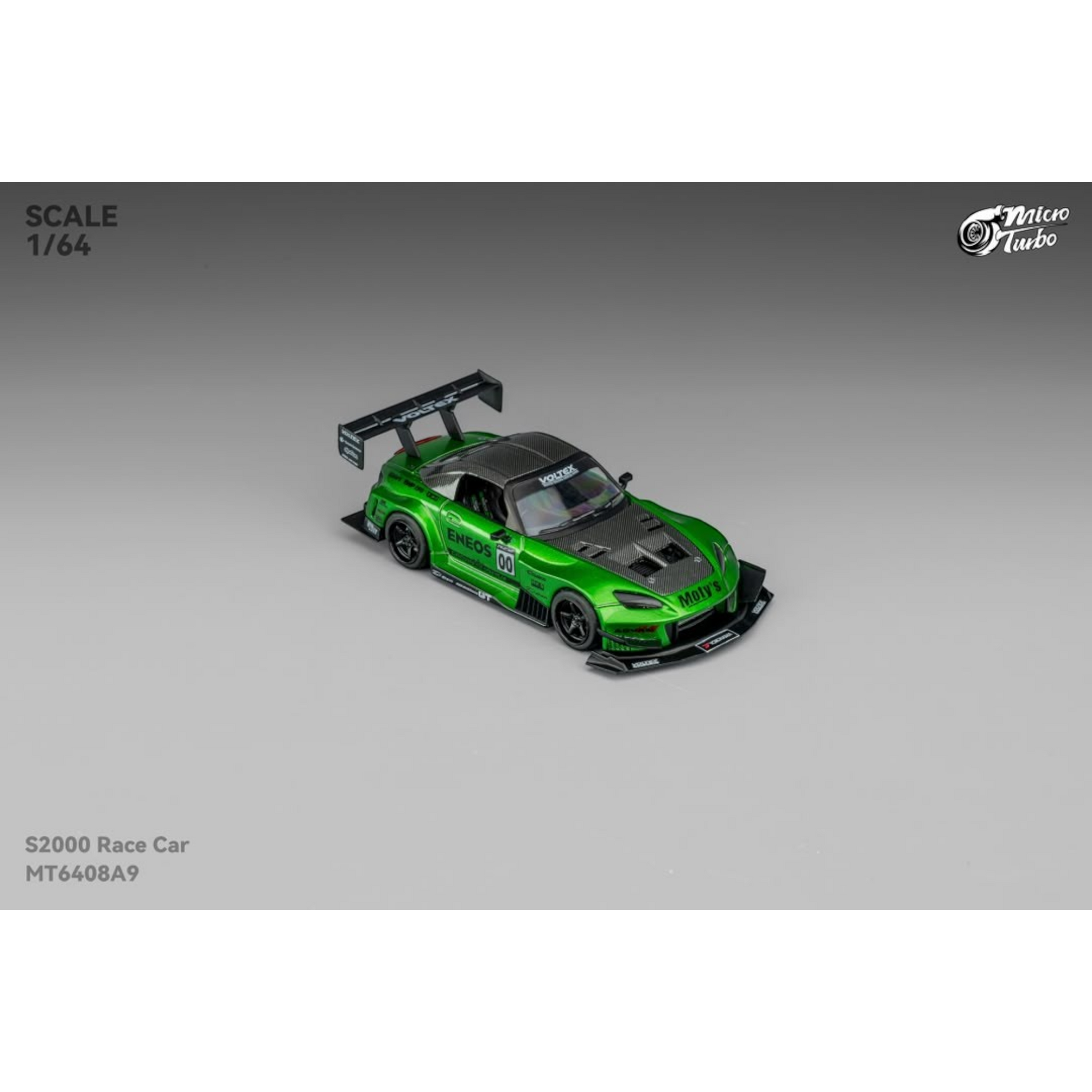 Lot57Supplies Diecast Shop Micro Turbo 1:64 scale transparent green S2000 race car with carbon fiber hood and spoiler