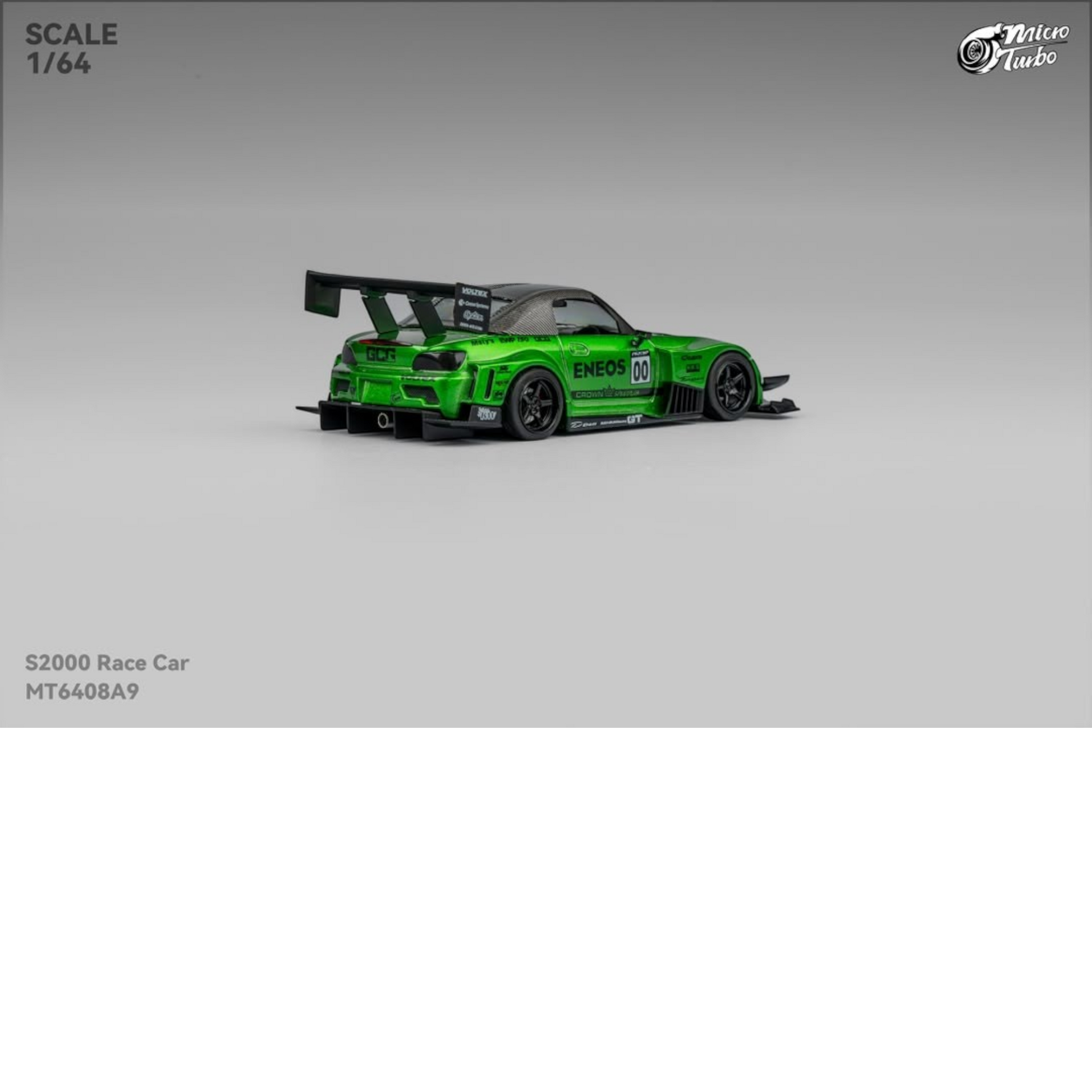 Lot57Supplies Diecast Shop Micro Turbo 1:64 scale transparent green S2000 race car diecast model with rear wing