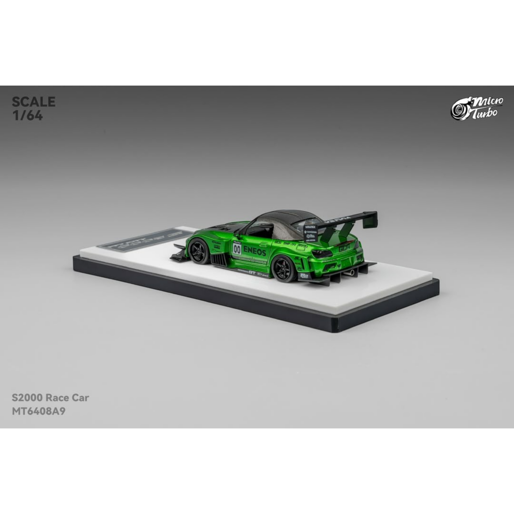 Lot57Supplies Diecast Shop Micro Turbo 1:64 scale transparent green S2000 race car diecast model on display base