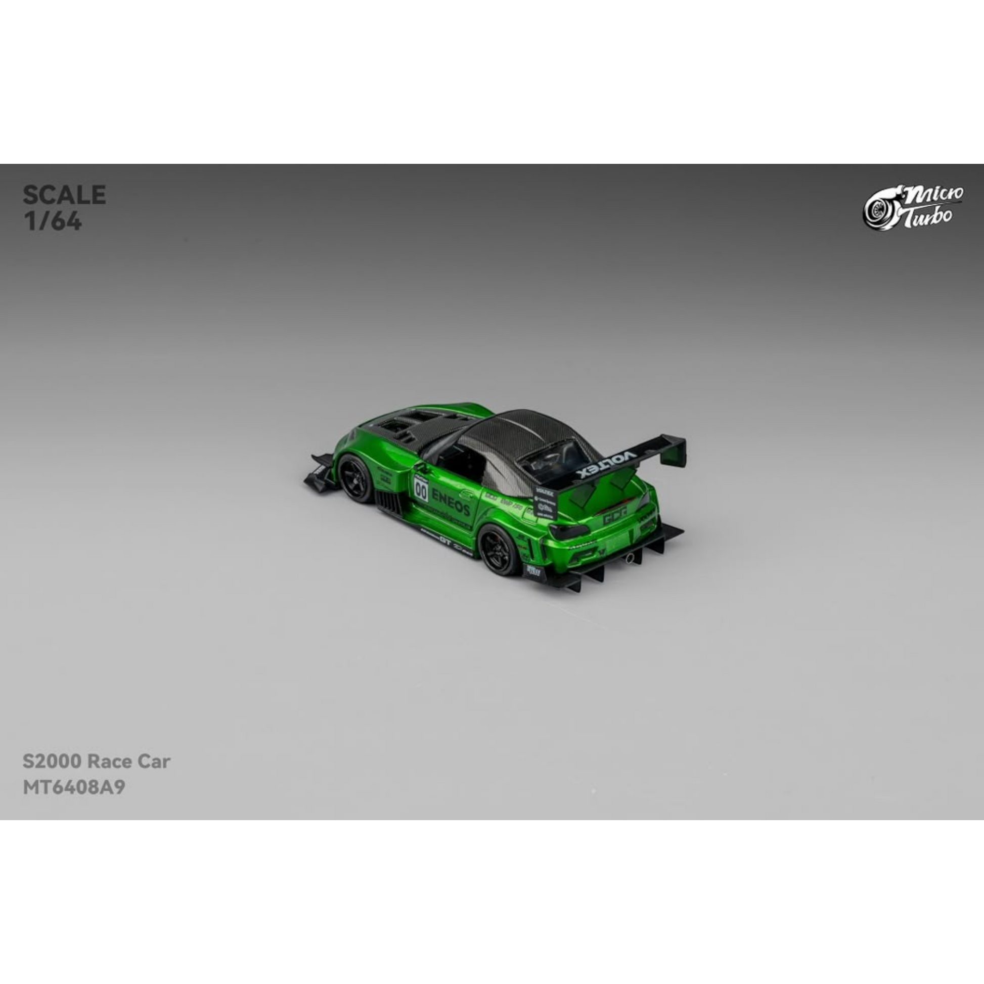 Lot57Supplies Diecast Shop 1:64 scale Micro Turbo S2000 race car in transparent green with carbon fiber roof and wing