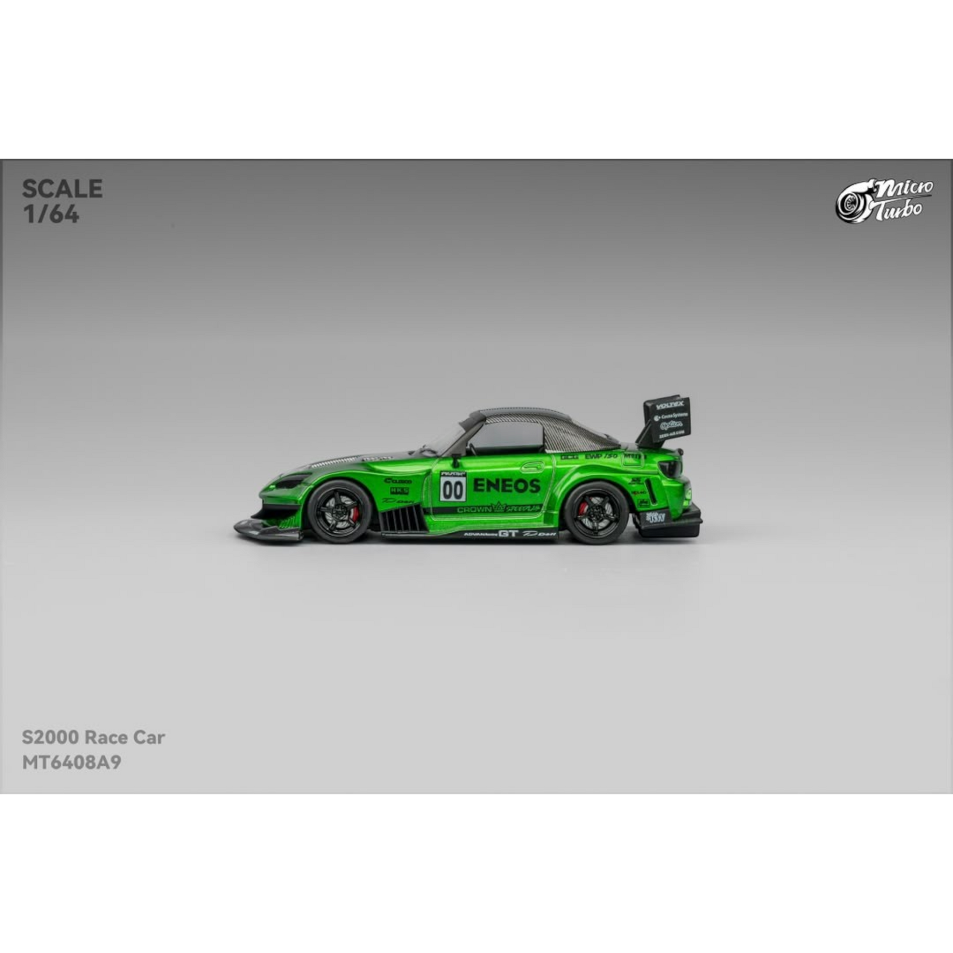 Lot57Supplies Diecast Shop 1:64 scale Micro Turbo S2000 race car in transparent green with detailed sponsor decals.