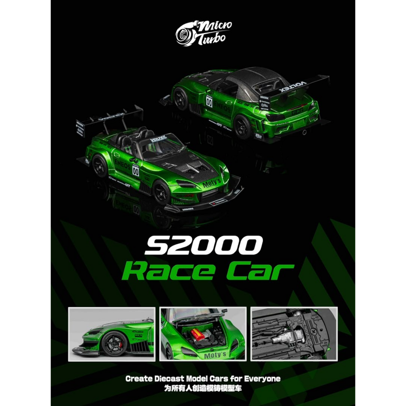 Lot57Supplies Diecast Shop Micro Turbo S2000 race car in transparent green, 1:64 scale diecast model with racing decals.
