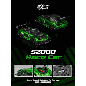 Lot57Supplies Diecast Shop Micro Turbo S2000 race car in transparent green, 1:64 scale diecast model with racing decals.