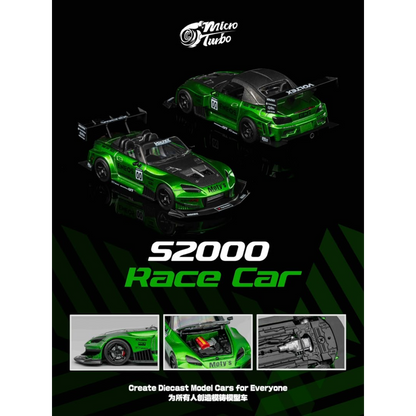 Lot57Supplies Diecast Shop Micro Turbo S2000 race car in transparent green, 1:64 scale diecast model with racing decals.